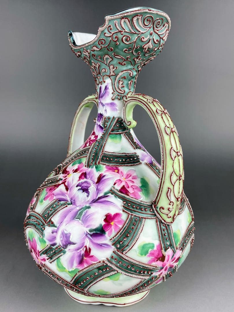 【美品】オールドニッポン ２２．２cm 花紋 一陳盛り花瓶 アールヌーボー様式