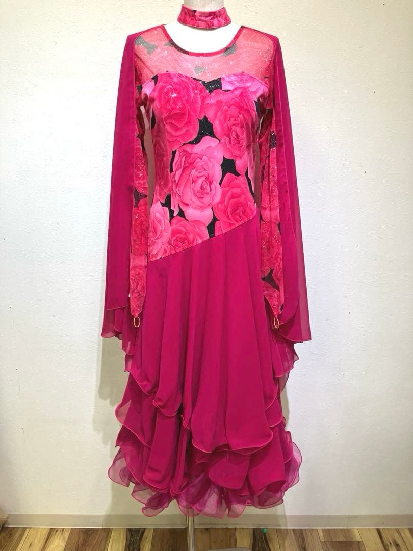 社交ダンス　スタンダードドレス　モダンドレス　ピンク　薔薇プリント