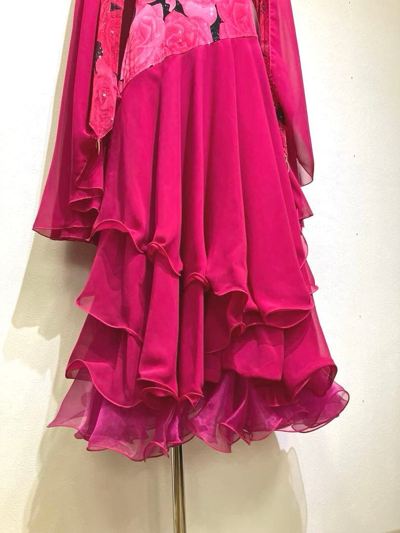 社交ダンス　スタンダードドレス　モダンドレス　ピンク　薔薇プリント