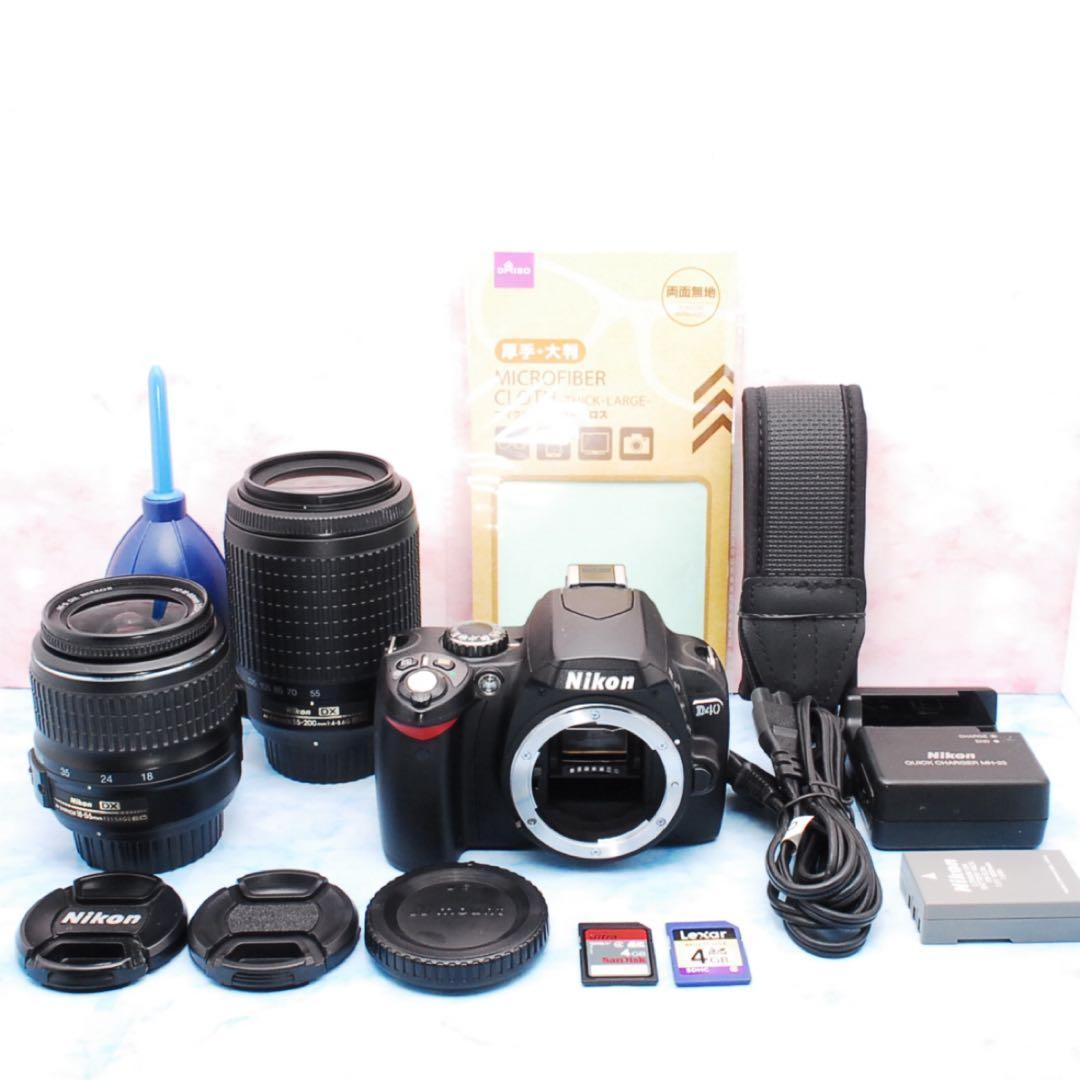 ニコン D40★入門セット★一眼レフカメラ★S数少！★望遠レンズ付Wレンズ