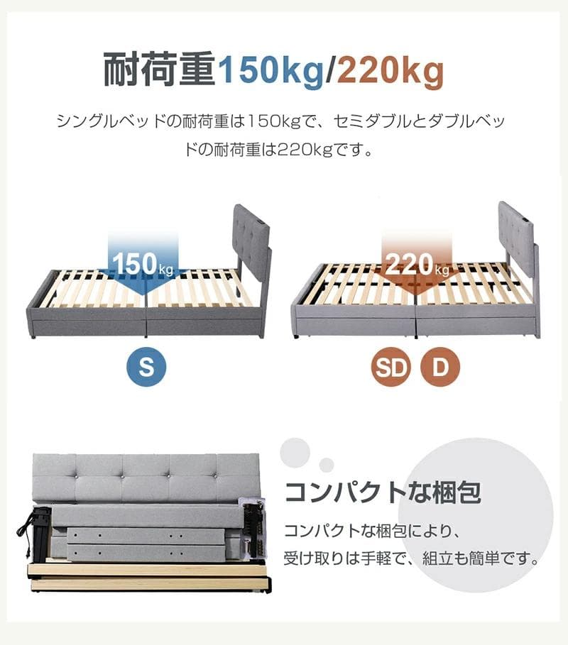 SD ファブリックベッド 引き出し付き 北欧風 おしゃれ LIGHTGRAY