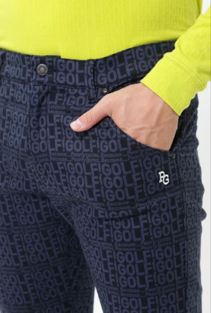 新品 パーリーゲイツ コットンストレッチカルゼ表ピーチ パンツ(4)サイズM/紺