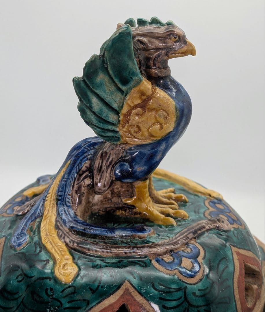 江戸期 古九谷 青手鳳凰摘三足香炉 合箱 角福 九谷焼 色絵窓絵 山水図人物花鳥