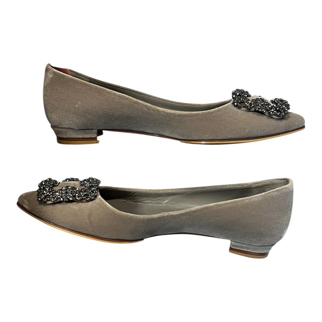 【美品】MANOLO BLAHNIK ハンギシ 35 グレー フラットシューズ