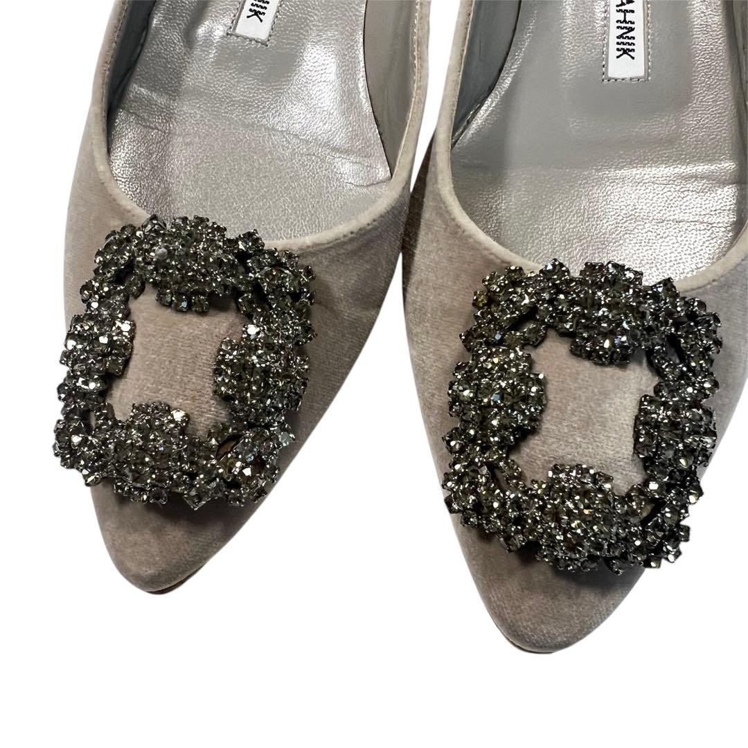 【美品】MANOLO BLAHNIK ハンギシ 35 グレー フラットシューズ