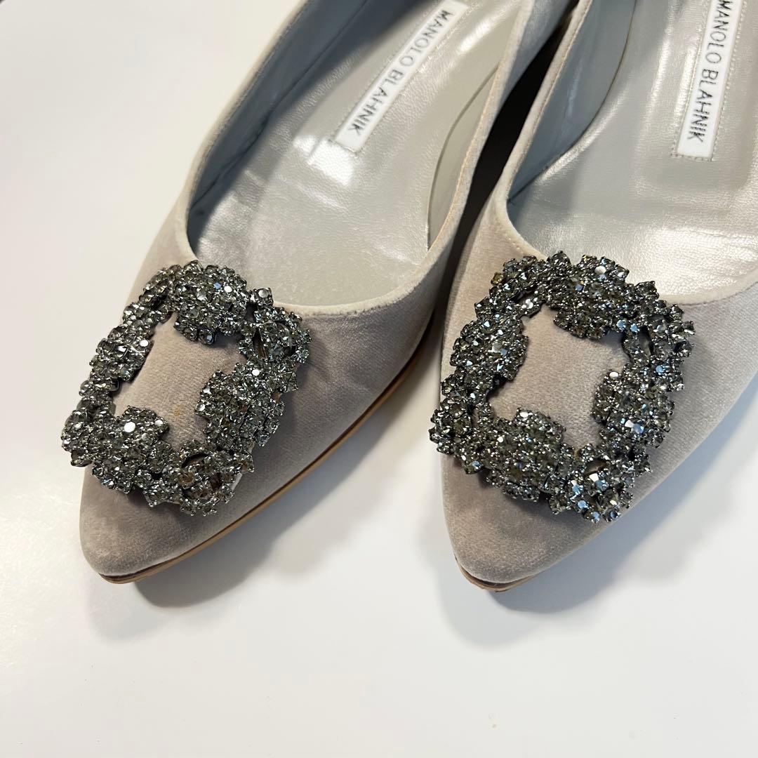 【美品】MANOLO BLAHNIK ハンギシ 35 グレー フラットシューズ