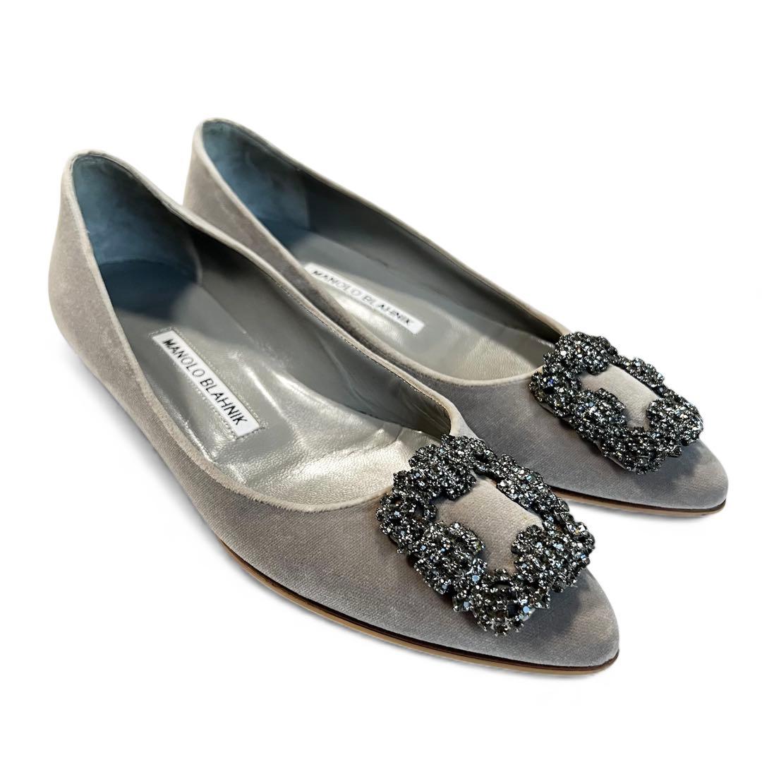 【美品】MANOLO BLAHNIK ハンギシ 35 グレー フラットシューズ