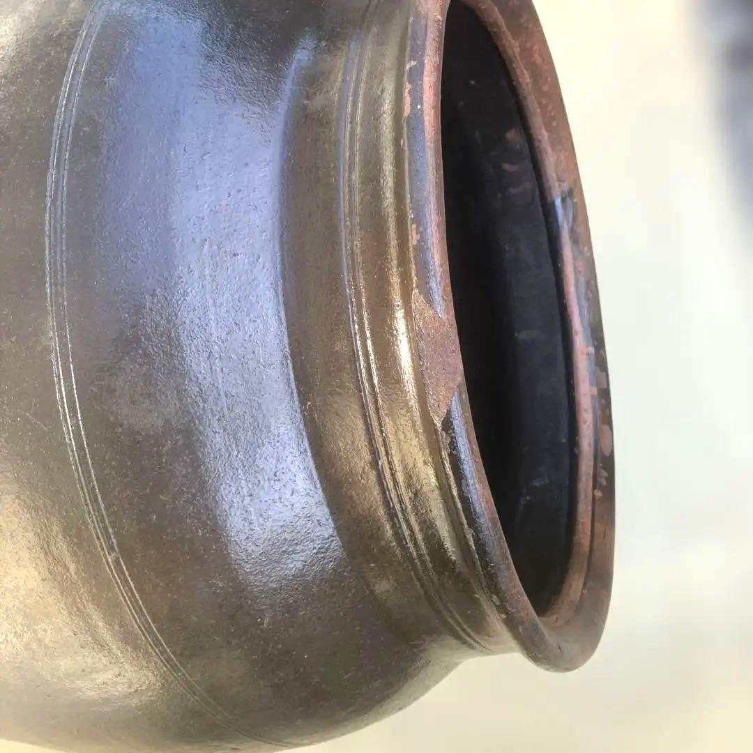 【古美術】趣のある黒茶褐色の陶器のカメ59センチ