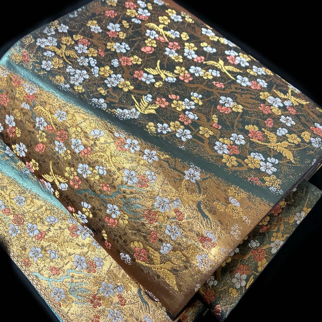 袋帯　ワンタッチ作り帯　マジックテープ　二重太鼓　付け帯　金蘭　花鳥紋
