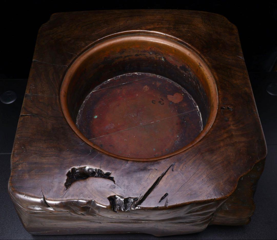 時代物 天然木 刳貫 火鉢 瓶掛 特大 幅62㎝ 銘木 木製火鉢 囲炉裏 茶道具