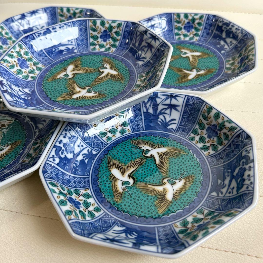 九谷焼　青郊窯　中皿揃　5枚セット　八角皿　染付花鳥　深皿　取り皿　和食器　青手