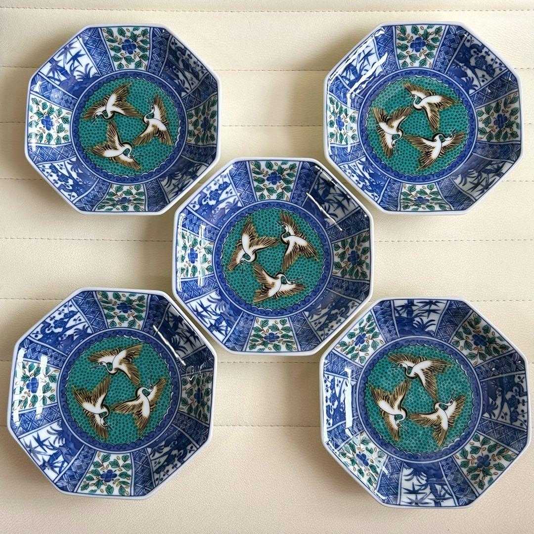 九谷焼　青郊窯　中皿揃　5枚セット　八角皿　染付花鳥　深皿　取り皿　和食器　青手