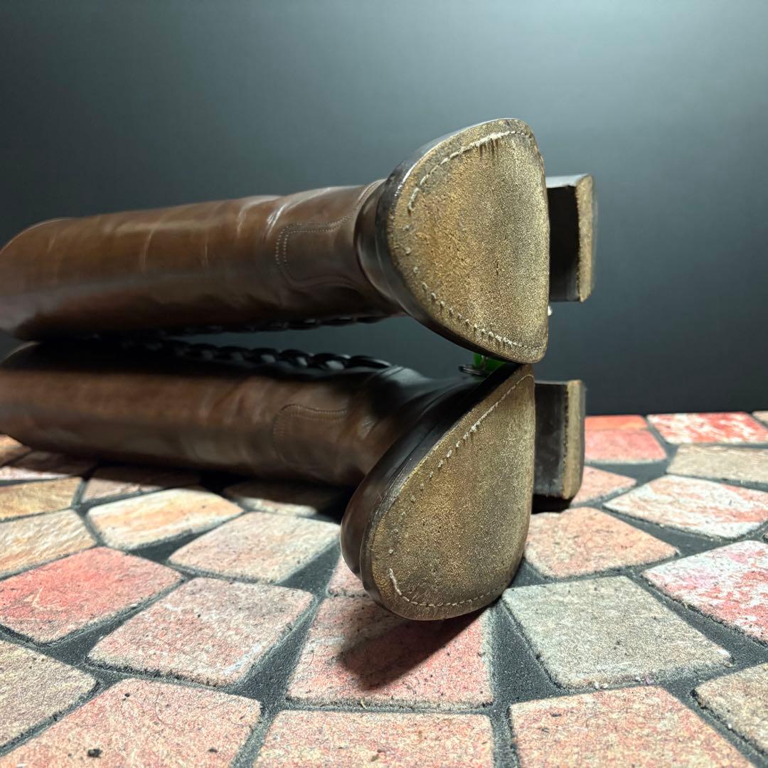 サルトル　ジョッキーブーツ　ロングブーツ 編み飾り　ベルト　本革　22.5cm