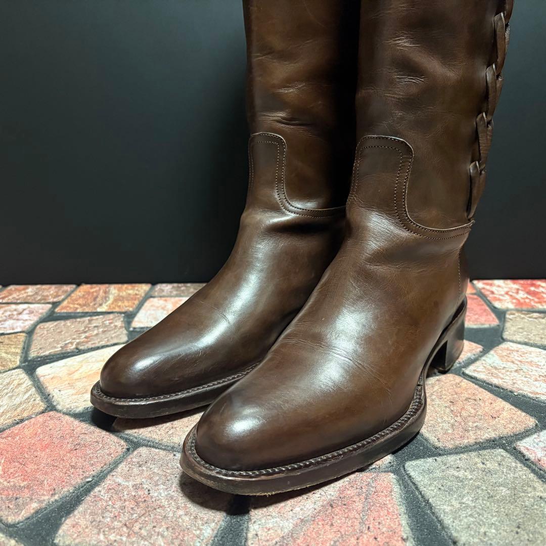 サルトル　ジョッキーブーツ　ロングブーツ 編み飾り　ベルト　本革　22.5cm