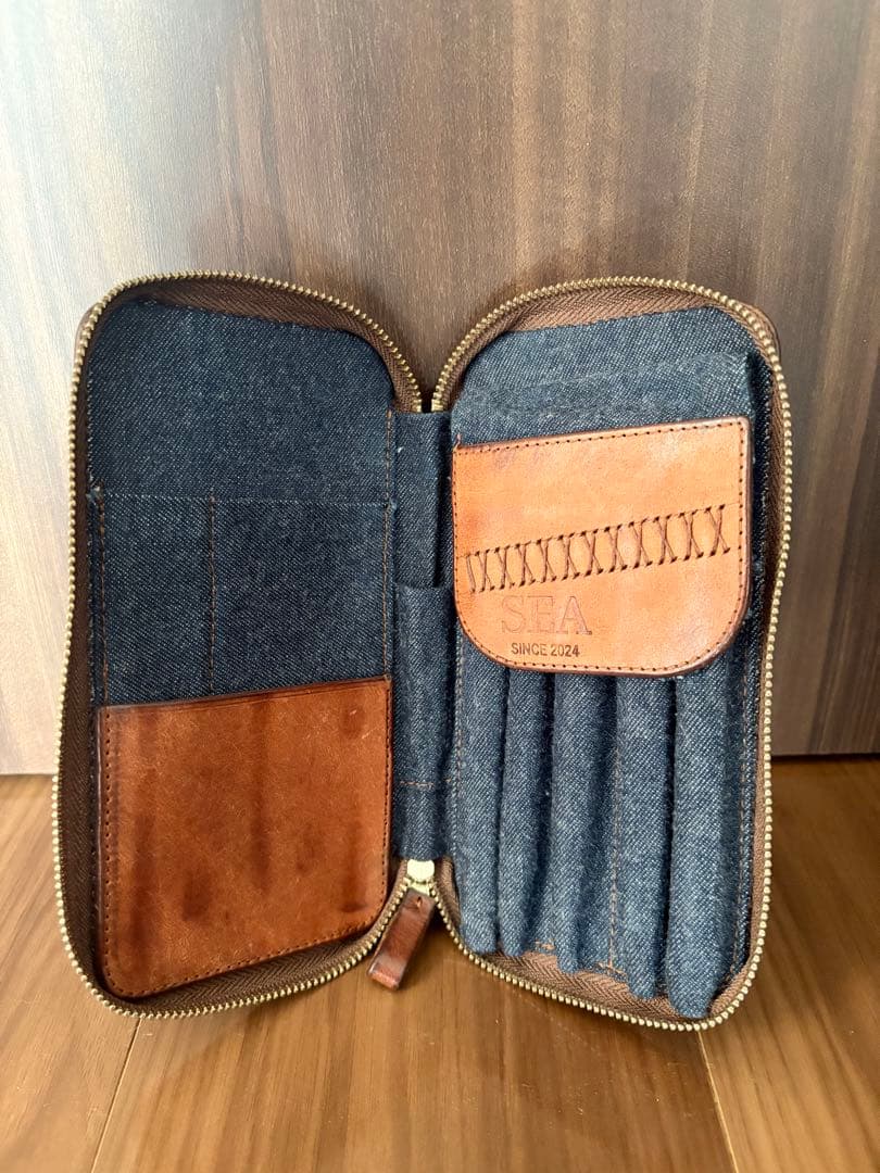 ラウンドジップペンケース デニム レザー 筆箱