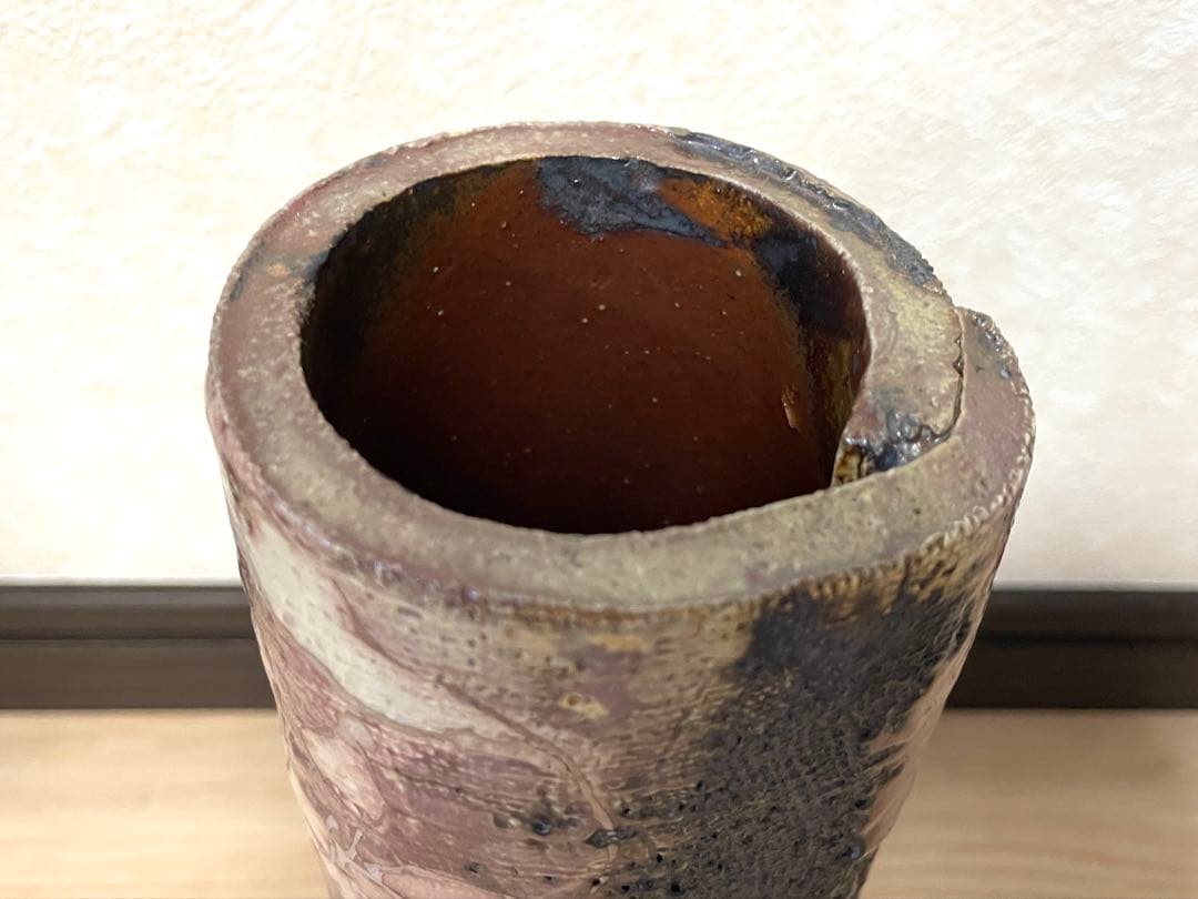 益子焼 筒花生 三宅洋司 造 四方桟 真田紐 花瓶 花生 花活