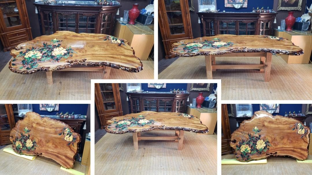 L16　美品！　逸品！　希少！　欅　天然木　無垢　一枚板 　天板　彫刻　ペイント