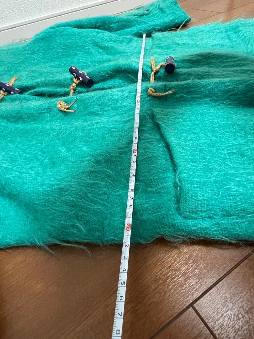 ターコイズ モヘア素材　ダッフルコート フード付き