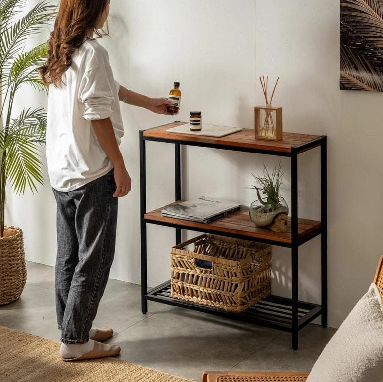 ウッド（天然木無垢材） × アイアン ラック 3段 オープンシェルフ 収納棚