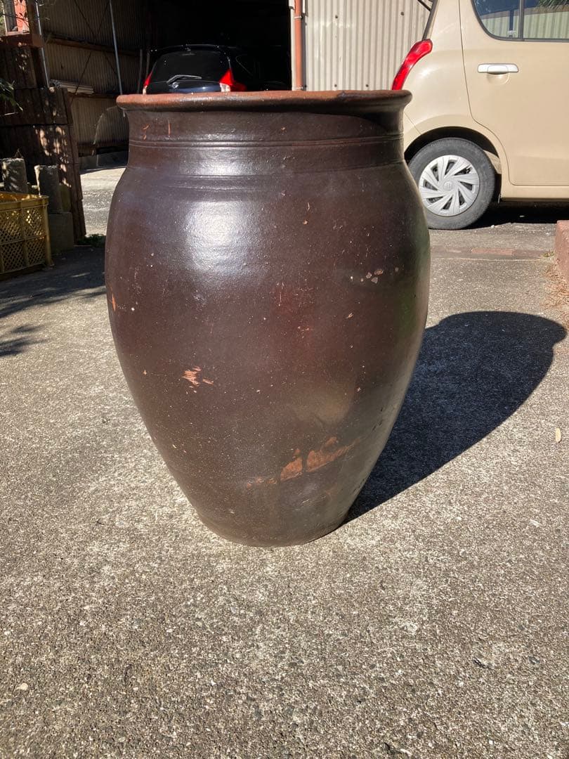 【存在感抜群】 古い甕 貯蔵壺 古民具 時代物 陶器 ごげ茶59センチ。