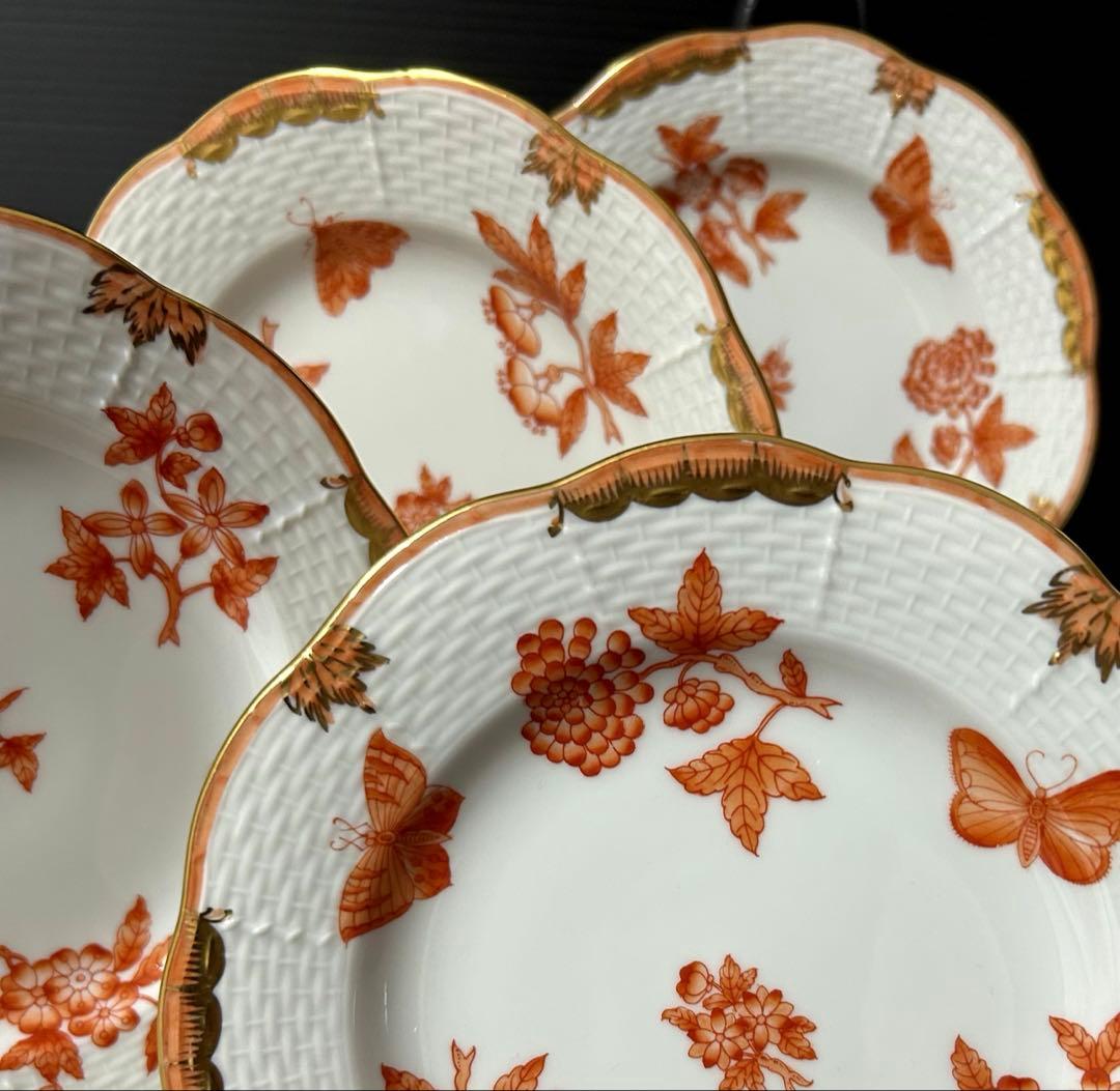 ヘレンド　ヴィクトリアオレンジ　プレート シノワズリ　4枚　※未使用保管品