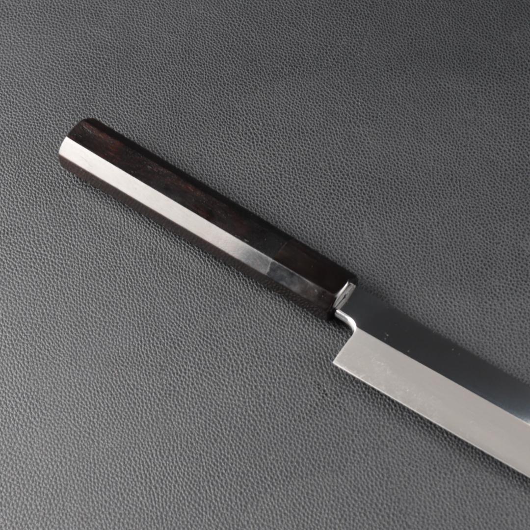 10968鬼反り先丸包丁尺二鏡面仕上げ刺身包丁 刃は究極の切れ味黒檀黒水牛八角柄