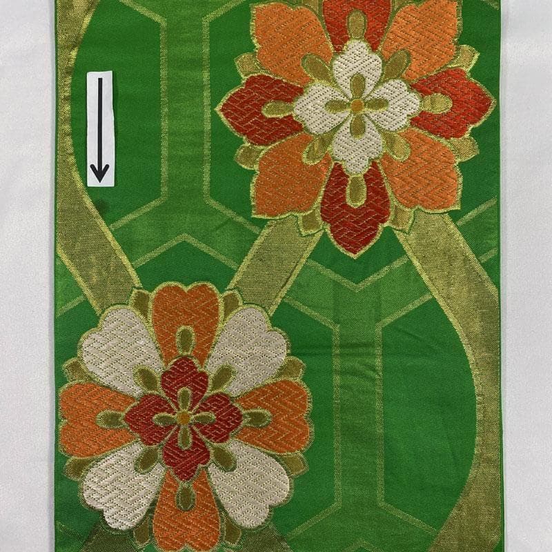 503ag58◎川島織物 十三参り 六通袋帯 ハーフ成人式 亀甲唐花 緑◎