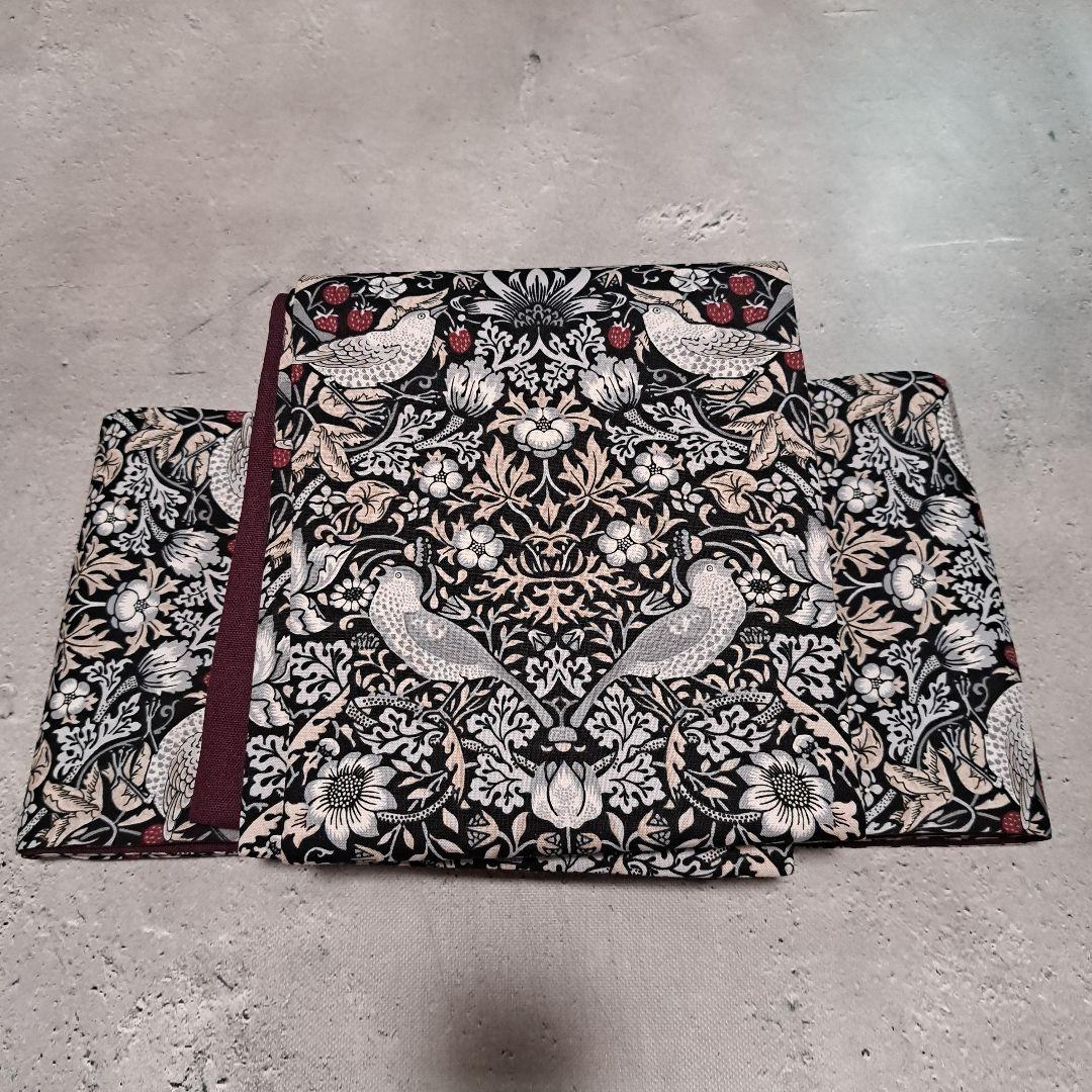 半幅帯　長尺ウィリアムモリス　いちご泥棒　モノトーン×国産コットンリネン　葡萄色