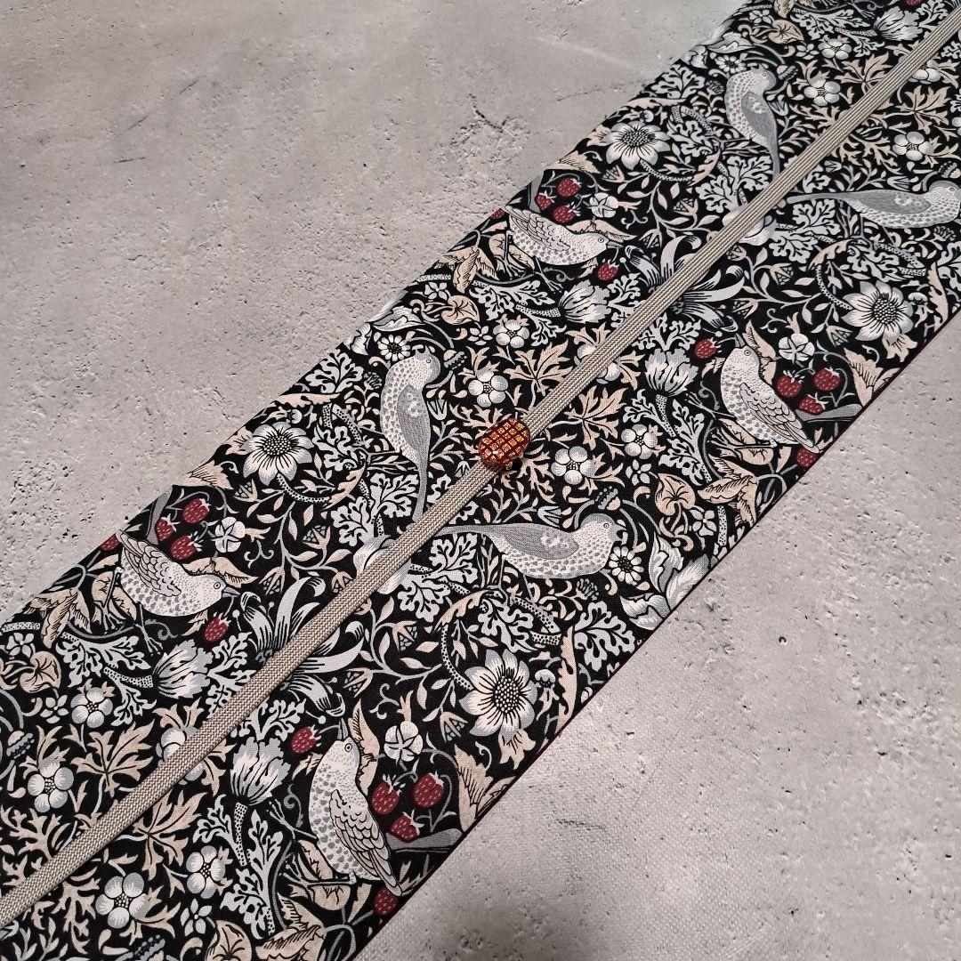 半幅帯　長尺ウィリアムモリス　いちご泥棒　モノトーン×国産コットンリネン　葡萄色