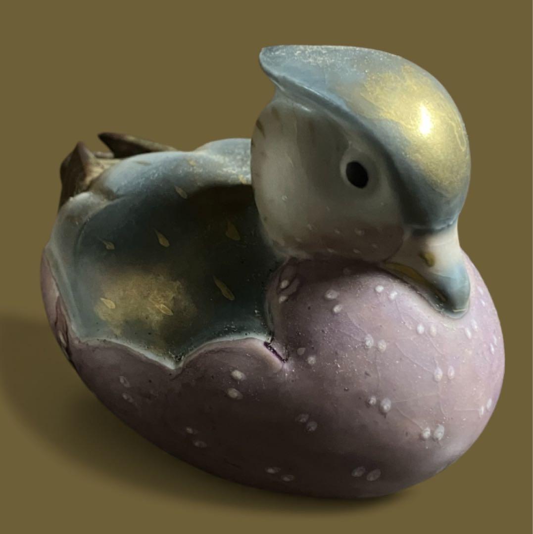 人気作家　沐向作　彩釉　オシドリ　鴛鴦　置物　　共箱　在銘品