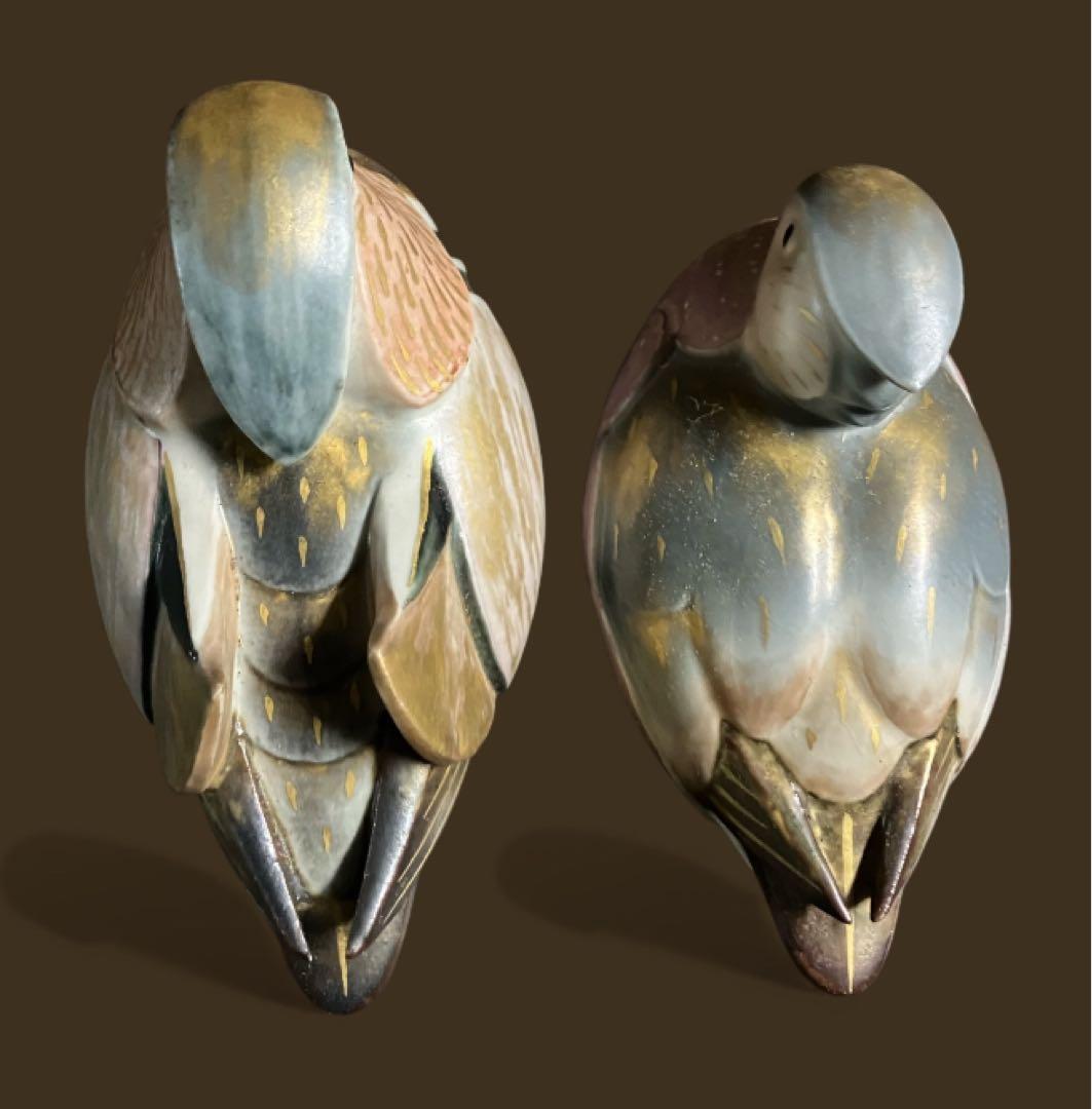 人気作家　沐向作　彩釉　オシドリ　鴛鴦　置物　　共箱　在銘品