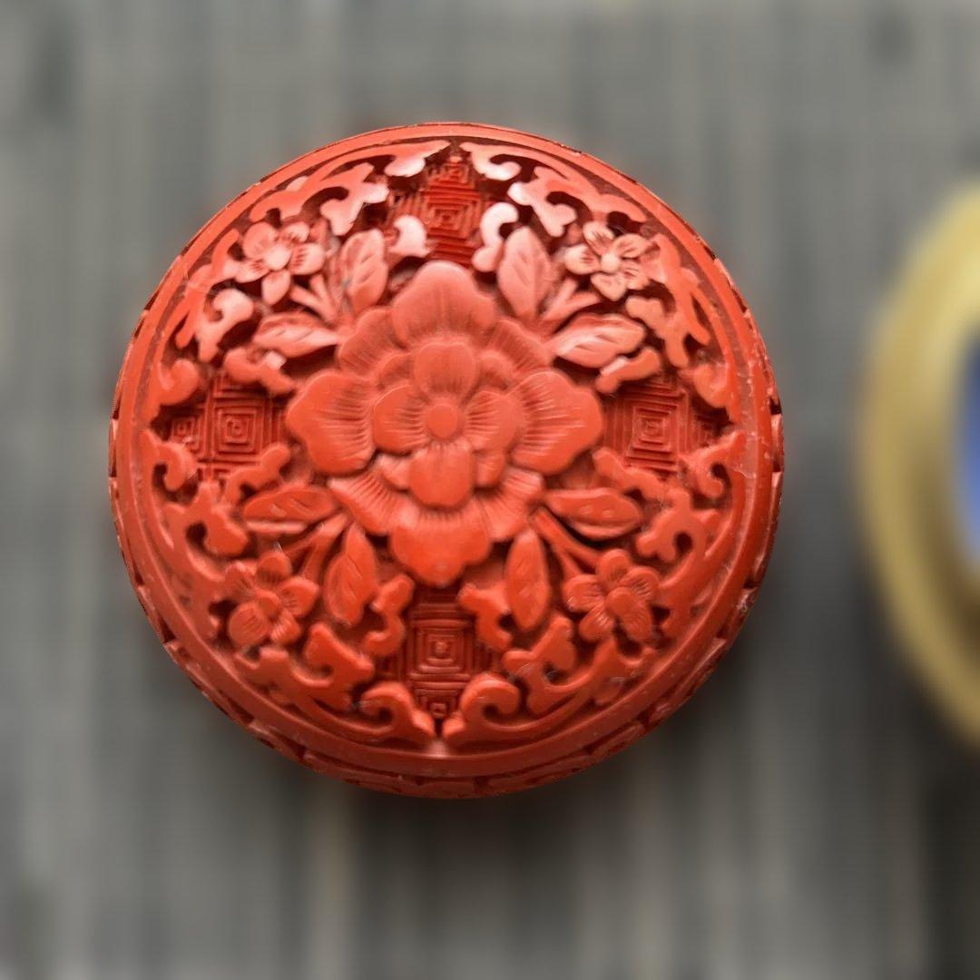 中国骨董旧蔵【民国時代銅胎彫漆堆朱内七宝香合】高級厚重希少珍貴細工精密彫刻牡丹図