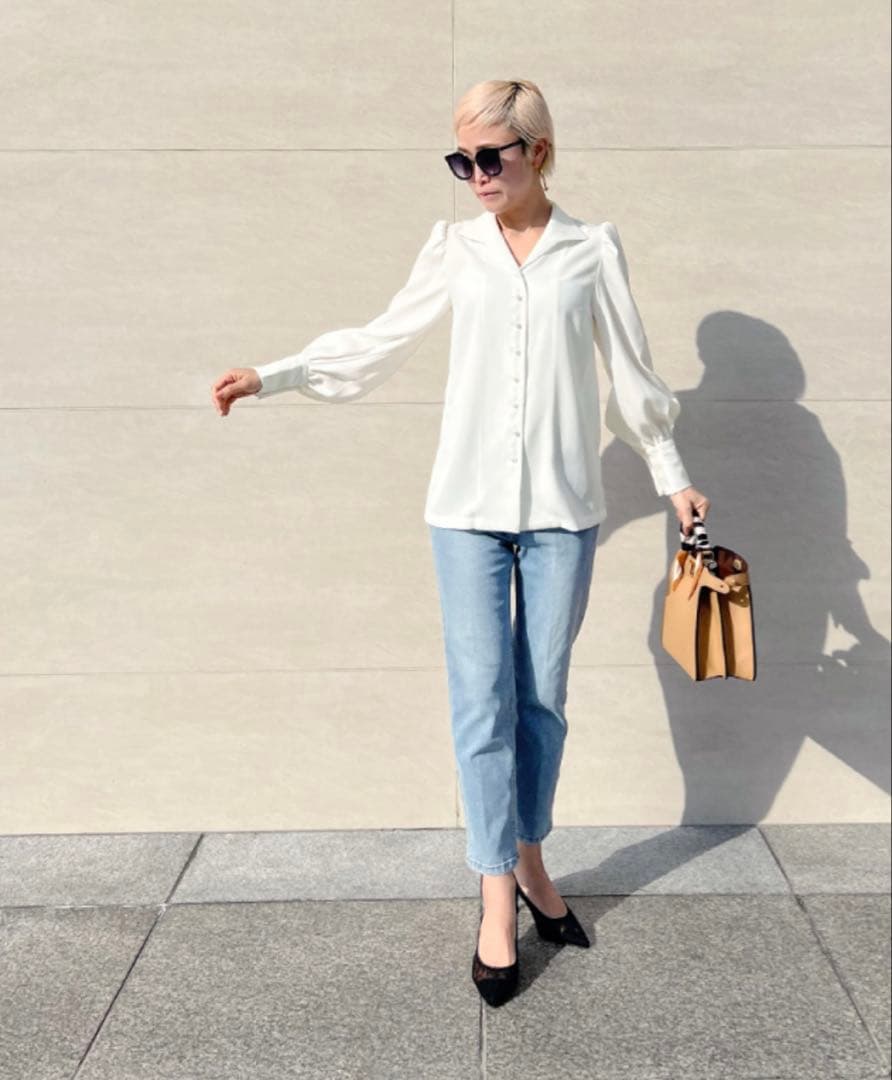 【美品】JENNE オープンカラーブラウス ホワイト