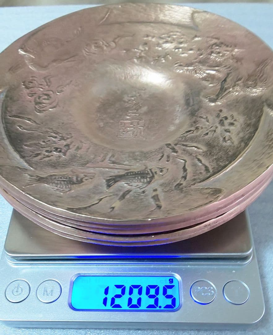 銅製茶托五客 陽咸二作 獅子魚鶴図 煎茶道具 煎茶器 銅茶托