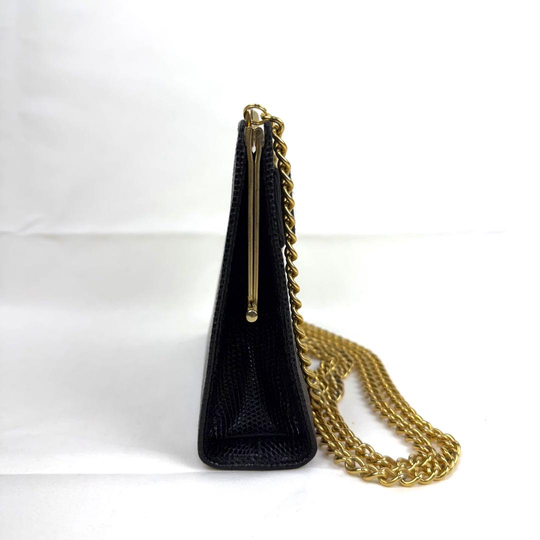 美品✨フェラガモ ショルダーバッグ ヴァラリボン リザード がま口 ゴールド 黒