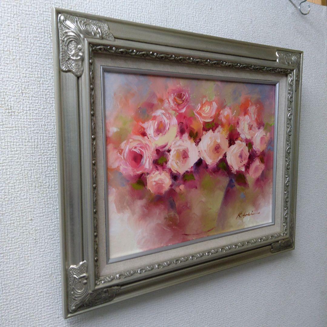 肉質油絵　横　F6 バラの花と花瓶　青木今陽　額装仕上げ品