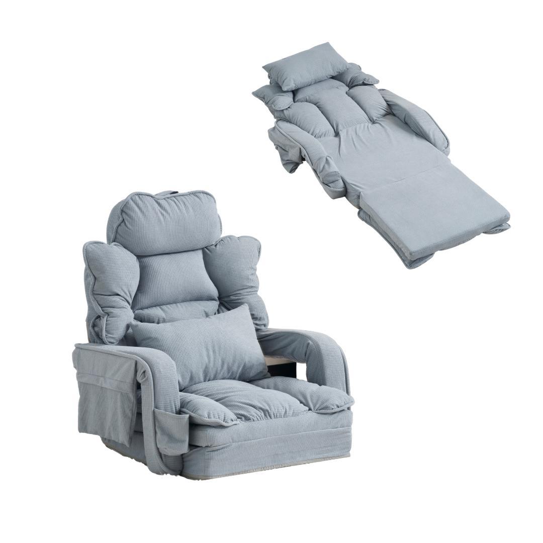 【ブルー】座椅子 ソファー ソファーベッド 幅165㎝ 枕/収納ポケット付