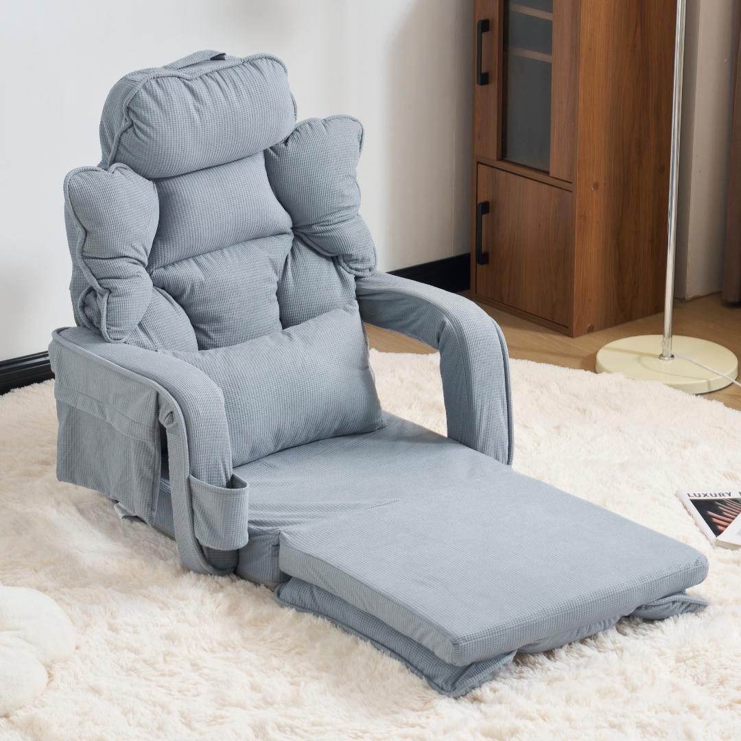 【ブルー】座椅子 ソファー ソファーベッド 幅165㎝ 枕/収納ポケット付