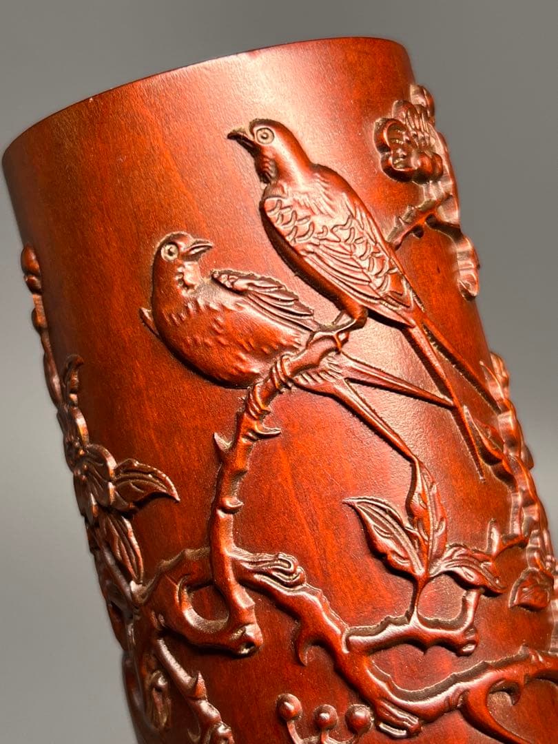 中国古美術 唐物 木製 黄楊木 一刀彫 筆立 筆筒 浮彫 文房具 極美品 旧蔵