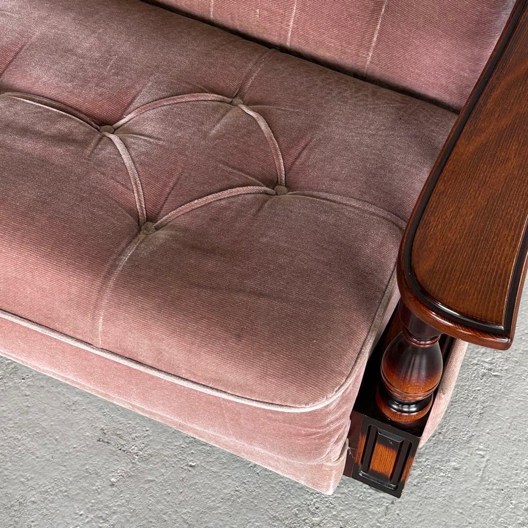 ✦80s✦ 昭和レトロ 三人掛けソファー ベロア生地 木製アーム アンティーク