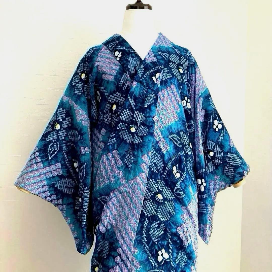 椿★ 有松絞り浴衣・有松鳴海絞り 大輪花模様　上質　N7-16