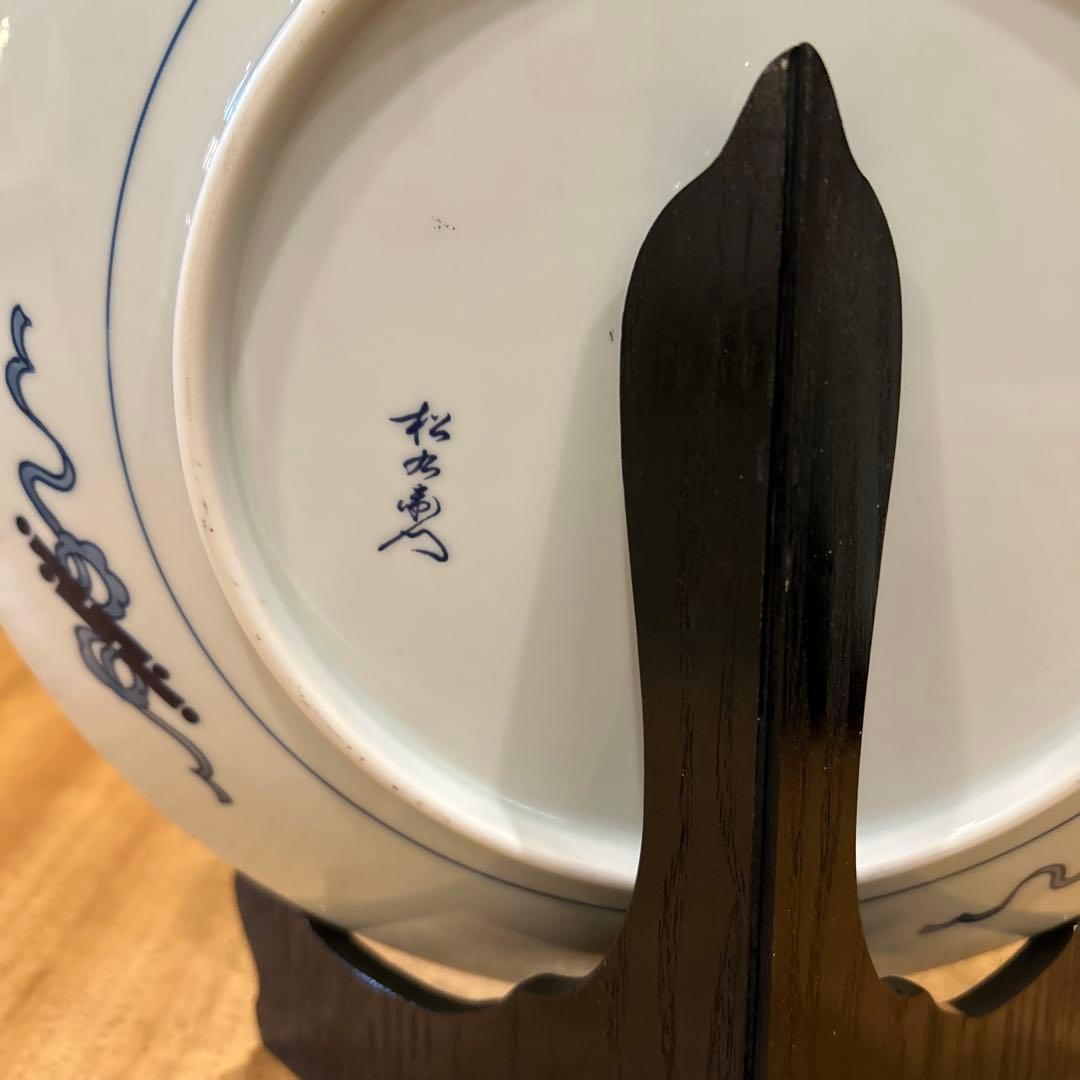 有田焼　松右衛門　古伊万里　飾り皿大皿色絵傘 美人文大皿　近江八景之　箱皿立付