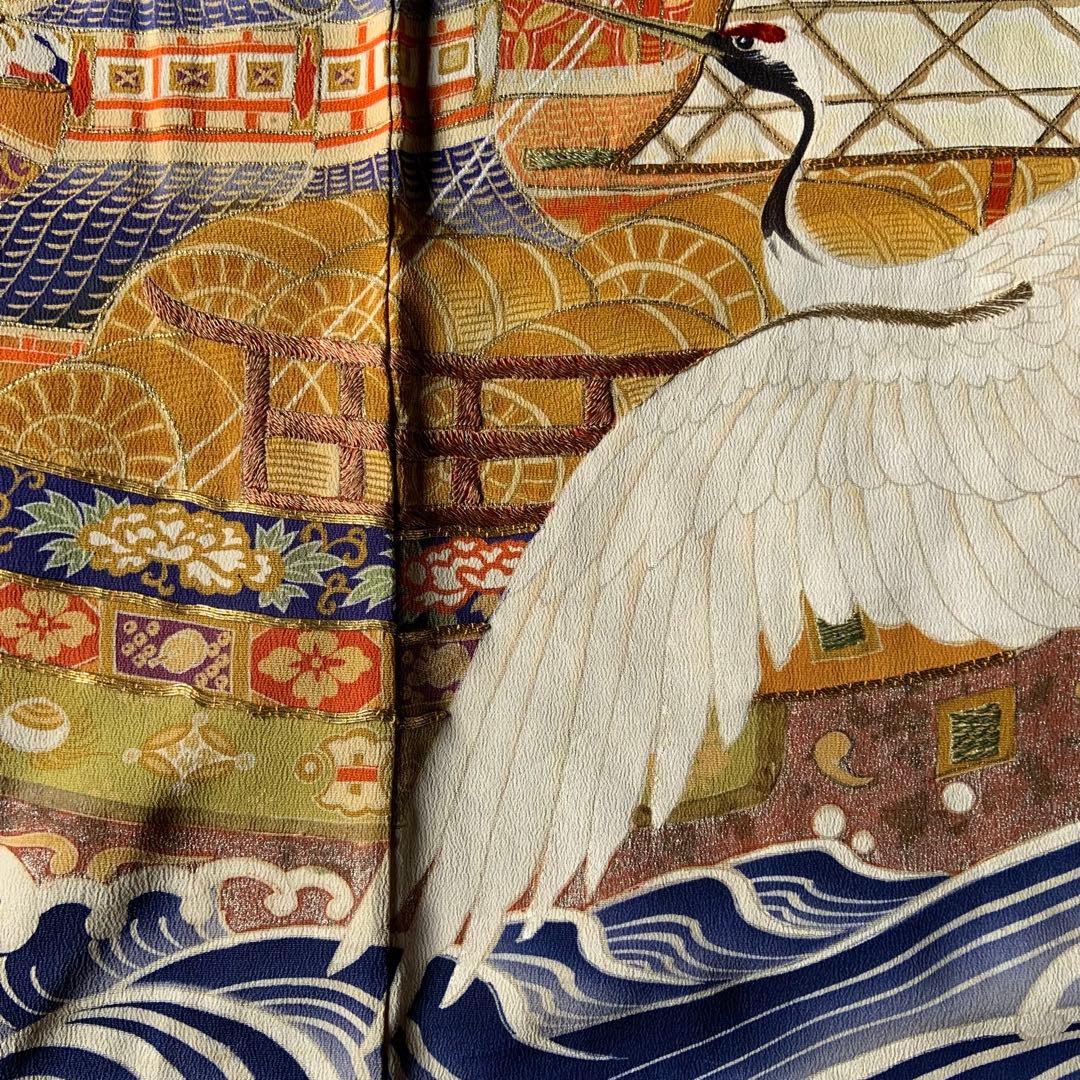 アンティーク振袖 鶴と宝船豪華高級リメイク材料
