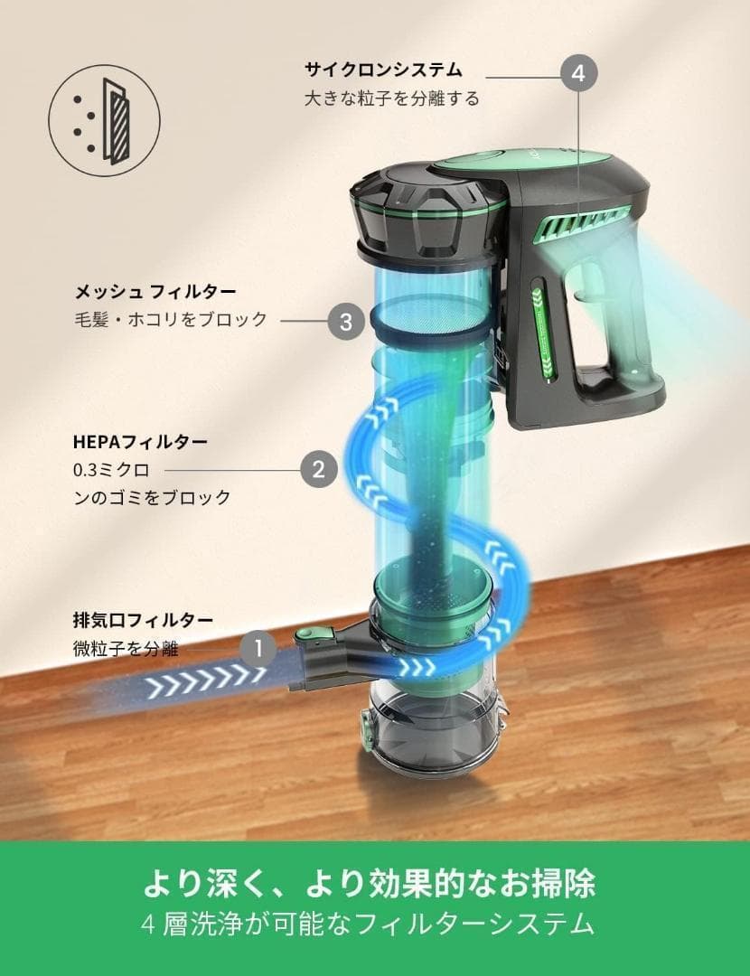 大人気✨コードレス掃除機✨28kPa強力吸引 伸縮型パイプ付き 着脱式バッテリー
