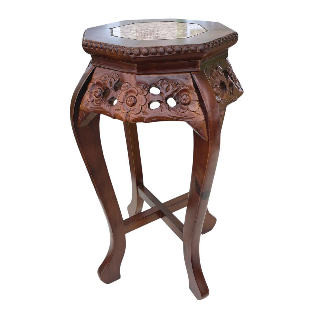 花台 飾り台 サイドテーブル 李朝様式家具 銘木 花梨 透かし彫り 八角形