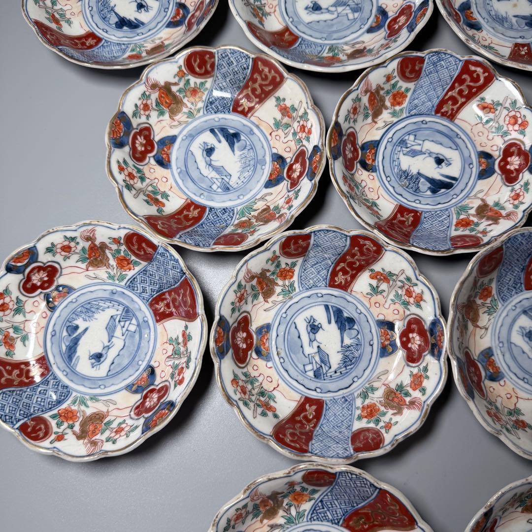 古伊万里　色絵祥瑞金獅子文様小皿　冨貴長春　裏唐草文　18客　共箱　古陶を楽しむ