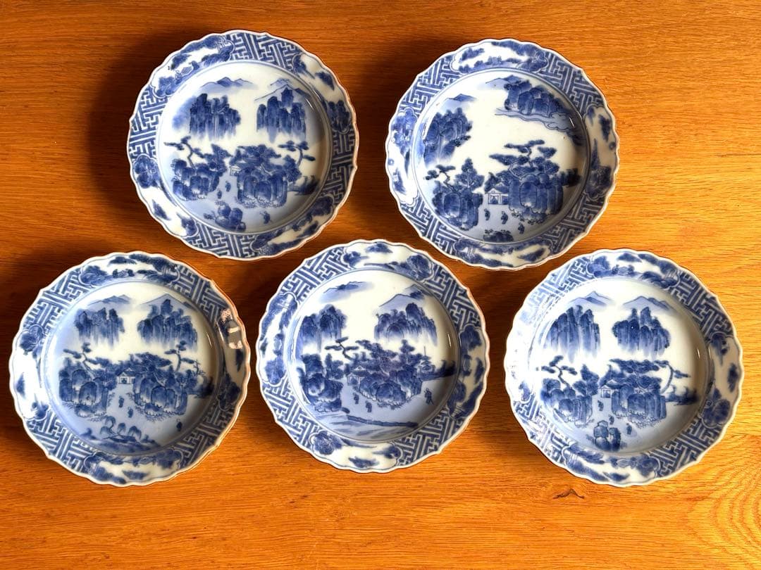 古伊万里　祥瑞　呉須　染付　山水人物紋　向付　5客セット　中皿　銘々皿