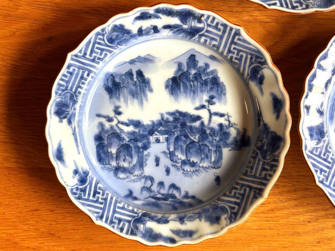 古伊万里　祥瑞　呉須　染付　山水人物紋　向付　5客セット　中皿　銘々皿