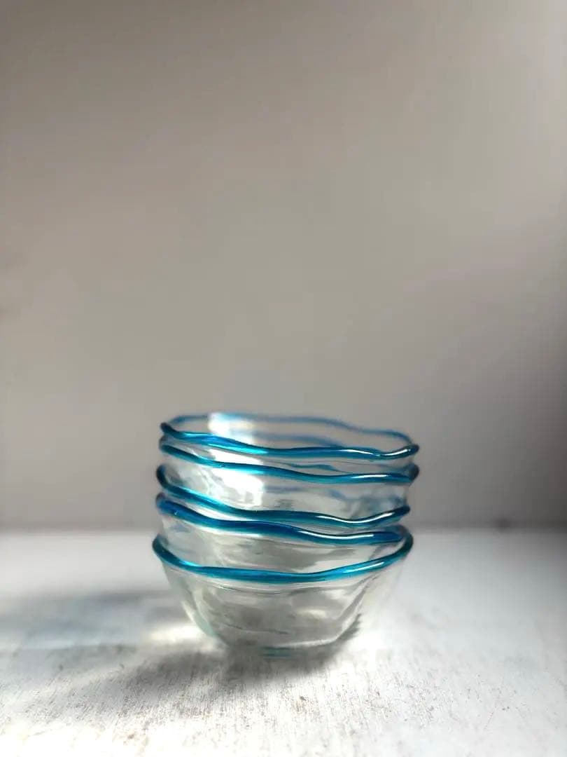 824 民芸 工芸 倉敷ガラス 色口巻き輪花小鉢 5枚組 ブルー 美品