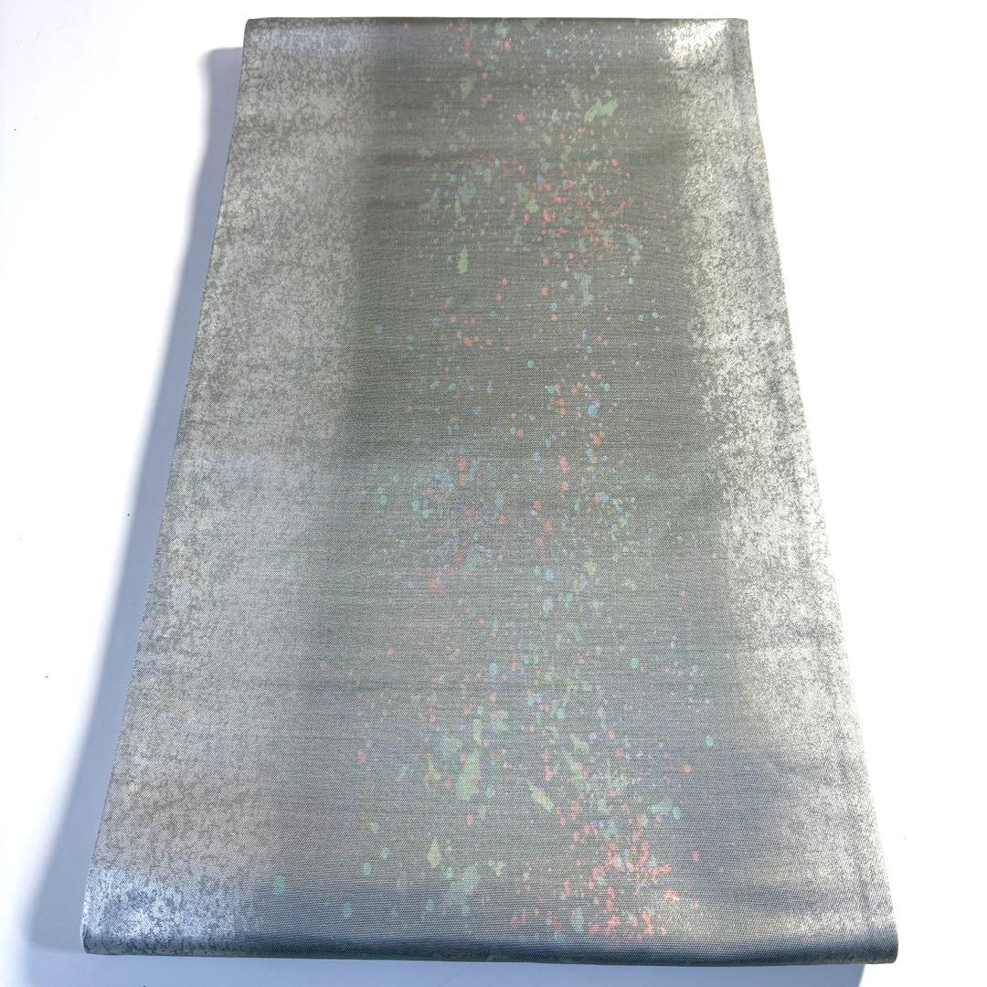 6k103 袋帯　絹　箔　銀色　青　赤　柄物　和装　着物